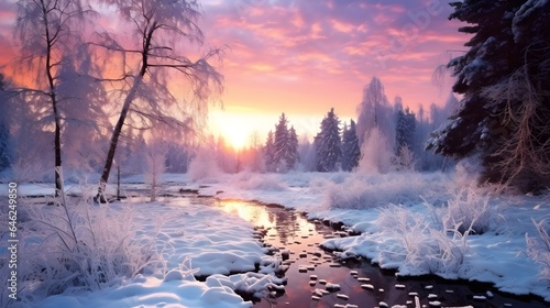 beautiful winter landscape with forest, trees and sunrise. winterly morning of a new day. purple winter landscape with sunset © Lucky Ai