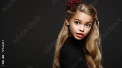 Portrait of preteen woman with blonde hair wearing sweater. Isolated on black background with copy space. AI Generated.