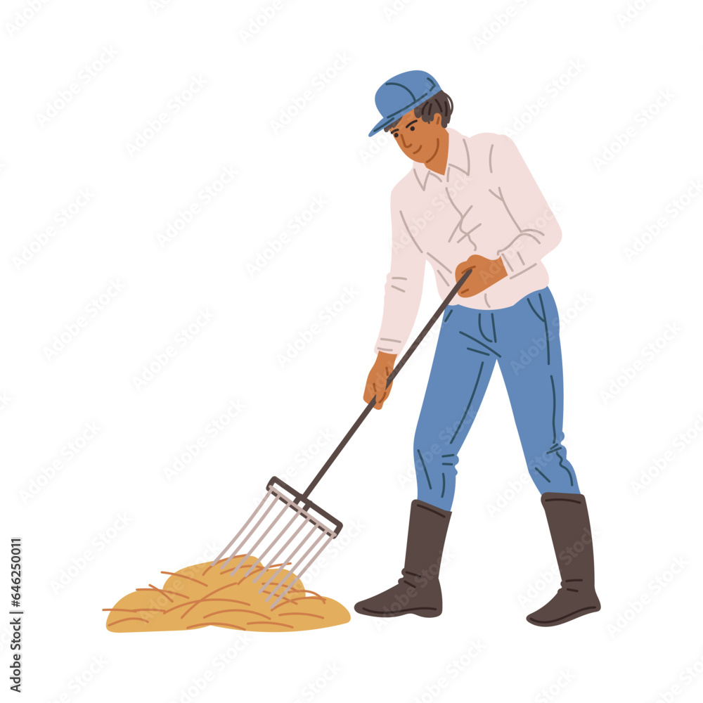 Farmer or groom rakes straw in barn or stable flat vector illustration isolated. Farmer or groom rakes straw in barn or stable flat vector illustration isolated.