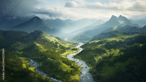 An Aerial Perspective of Mountain Ranges Adorned with Verdant Trees and a Meandering River, Captured in a National Park During a Serene Summer Evening © Pretty Panda
