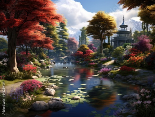 Tranquil garden filled with blooming flowers  winding pathways  and a tranquil pond Generative AI
