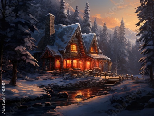 Cozy cabin nestled in a snowy forest, with smoke rising from the chimney and a warm glow emanating from the windows Generative AI © authapol