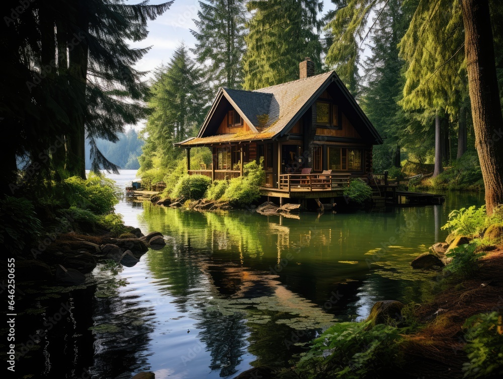Serene secluded cabin by a peaceful lake, surrounded by lush green forests and the sounds of nature Generative AI