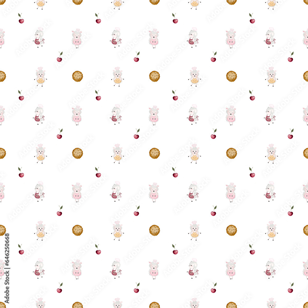 seamless pattern of hand-drawn pastry chef sheep and a lot of sweets. cute cartoon pattern for children's textiles, aprons, wrapping paper, scrapbooking.