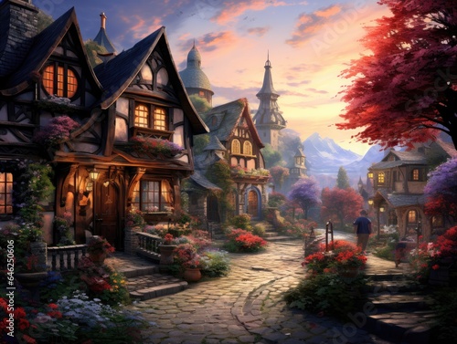 Quaint village in the countryside, with charming cottages, cobblestone streets, and blooming flower gardens Generative AI