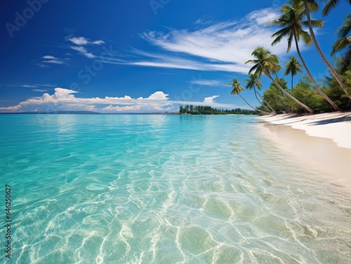 Serene beach scene with crystal clear turquoise waters, soft white sand, and palm trees swaying gently in the breeze Generative AI © authapol
