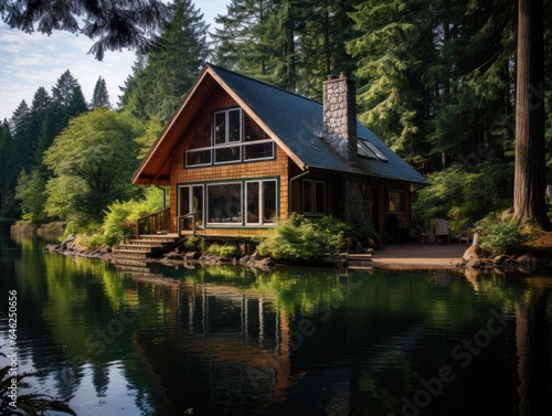 Serene secluded cabin by a peaceful lake, surrounded by lush green forests and the sounds of nature Generative AI © authapol