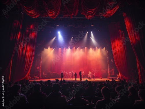 Theater stage with red velvet curtains with crowd people Generative AI