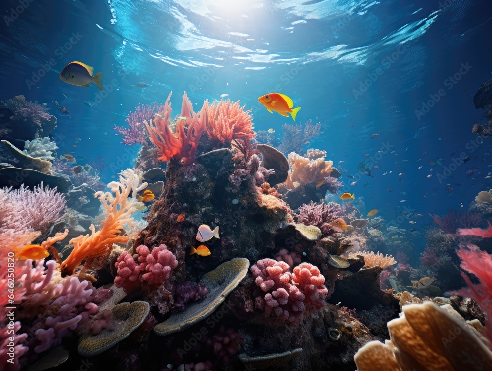 Fototapeta premium Surreal underwater world teeming with vibrant coral reefs, exotic fish, and mesmerizing marine life Generative AI