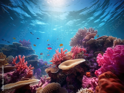 Surreal underwater world teeming with vibrant coral reefs, exotic fish, and mesmerizing marine life Generative AI