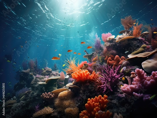 Surreal underwater world teeming with vibrant coral reefs  exotic fish  and mesmerizing marine life Generative AI