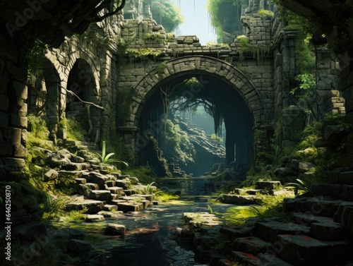 Ancient ruins landscape with weathered stone structures, overgrown vegetation, and an air of mystery Generative AI