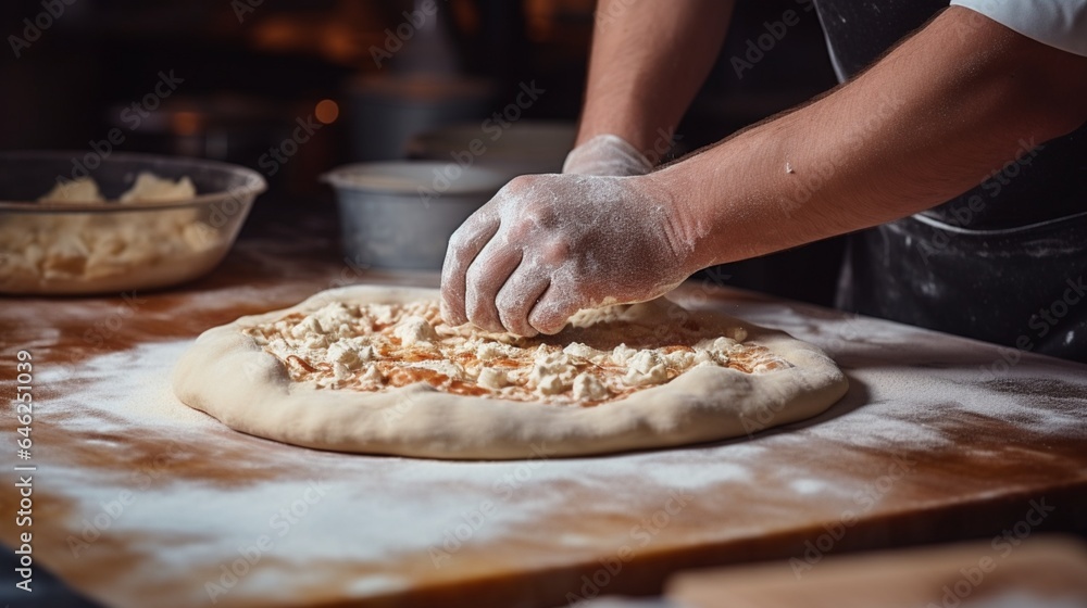 Close-up view of a chef's expert hands in the process of making a pizza, with a focus on adding a rich layer of cheese to the pizza dough