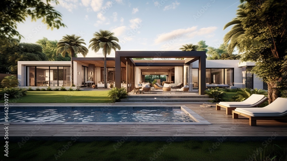Fototapeta premium Contemporary Villa with an Elegant Backyard Space