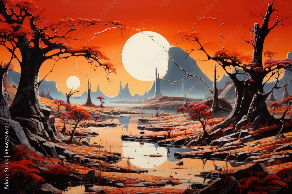 Digital painting of a fantasy landscape with trees and a lake at sunset, Alien World Landscape in Orange and Red, Many Moons, Post-Impressionism, AI Generated