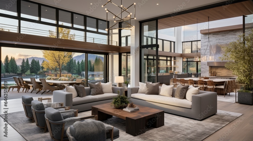 the beauty of the living room in this modern luxury home, designed with an open concept floor plan that reveals the kitchen, dining room, and wall of windows showcasing the outdoor scenery