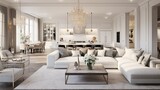 Experience opulence in the open-plan interior, where a beautifully designed living room meets a pristine white kitchen