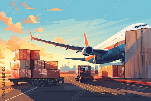 illustration of airplane on the background of cargo terminal. Logistics and transportation concept. airplane cargo transportation by plane, unloading containers of boxes at the airport, AI Generated