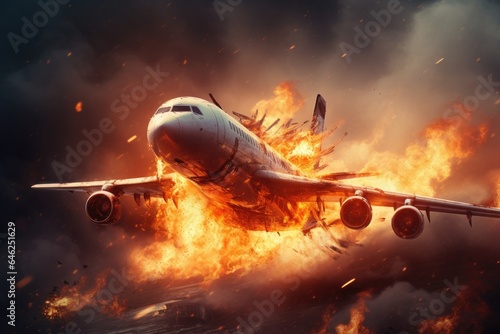 Airplane in the fire. 3d illustration. Conceptual image, Airplane with engine on fire, concept of aerial disaster, AI Generated