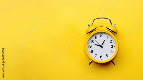 Yellow alarm clock on yellow background. Top view with copy space. Alarm clock, paint, pencils and scissors. School accessories on a yellow background. View from above, AI Generated