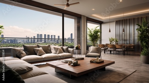 interior design of this apartment, featuring a stylish living room and a balcony terrace overlooking the vibrant cityscape. The background showcases the modern condominium room interior design