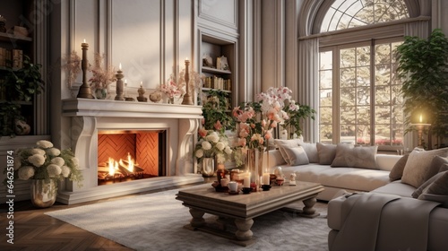 Exquisite living room interior design with a cozy fireplace in a stunning home