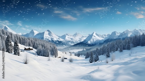 Beautiful winter panorama with fresh powder snow. Landscape with spruce trees, blue sky with sun light and high Alpine mountains on background © Lucky Ai