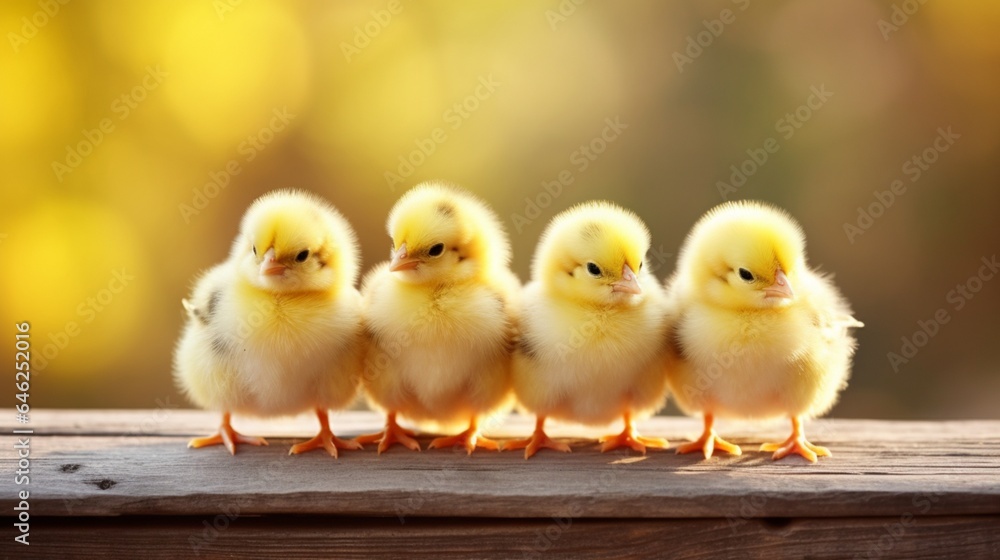 four adorable yellow baby chicks rest on a wooden floor, with the background softly blurred by nature four adorable yellow baby chicks rest on a wooden floor, with the background softly blurred by nature