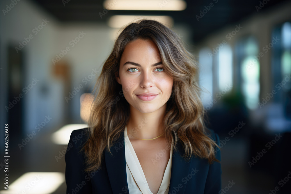Smiling businesswoman with her office in the background Smiling businesswoman with her office in the background