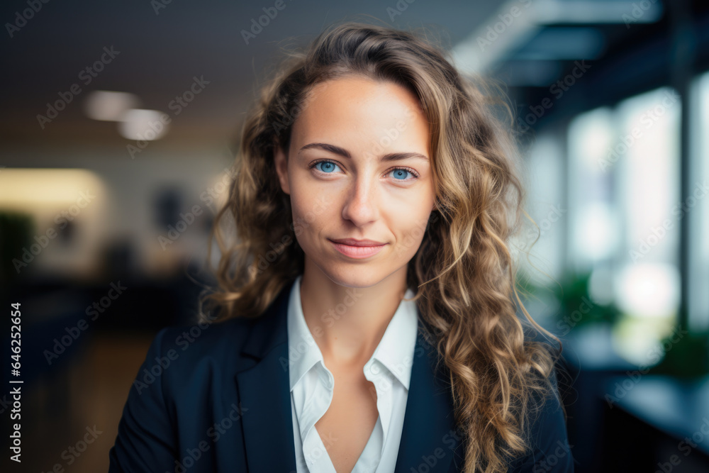 Smiling businesswoman with her office in the background Smiling businesswoman with her office in the background