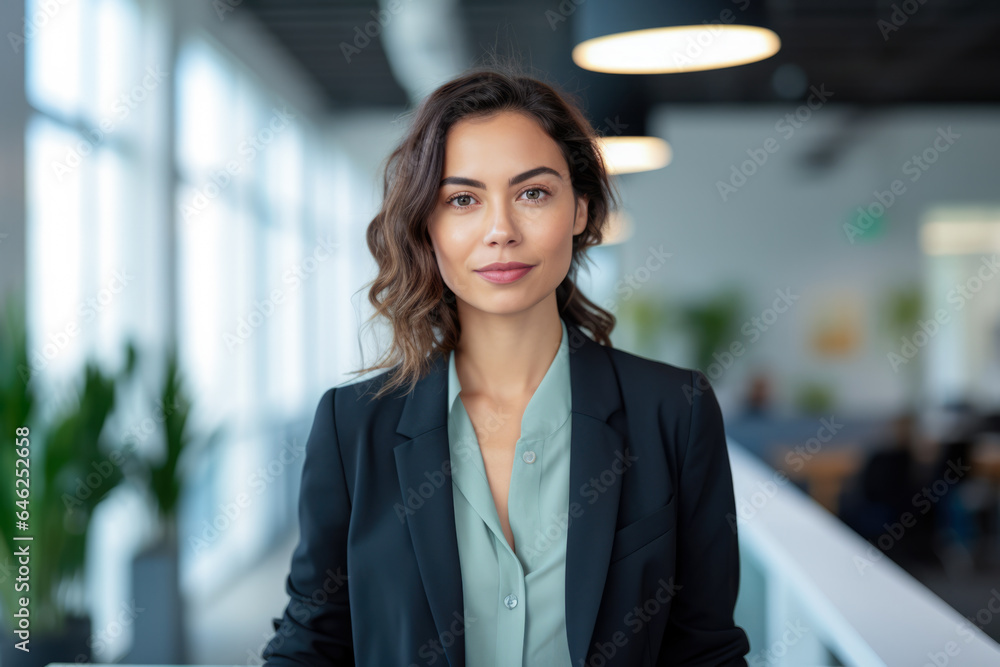 Smiling businesswoman with her office in the background Smiling businesswoman with her office in the background