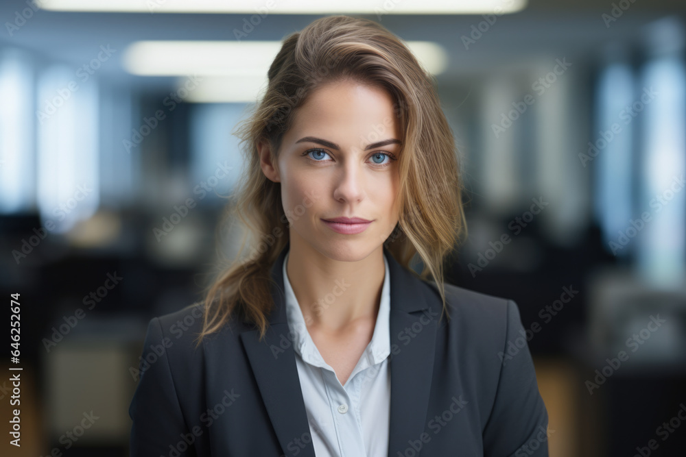 Smiling businesswoman with her office in the background