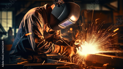 Welder is welding with shielded metal arc welding process to steel materials
