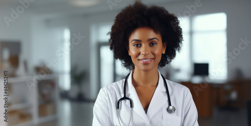 smiling young black female doctor in white medical uniform with stethoscope