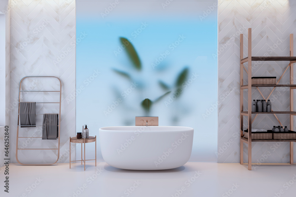 Fototapeta premium Clean light stylish bathroom interior with decortaive plant, glass and other objects. 3D Rendering.
