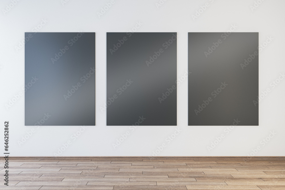Modern gallery interior with empty black mock up posters on concrete wall and wooden flooring. 3D Rendering. Modern gallery interior with empty black mock up posters on concrete wall and wooden flooring. 3D Rendering.
