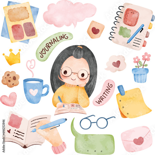Watercolor Illustration set of cute girls with notes and and journal elements