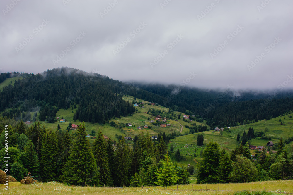 mountain landscape in the foggy early morning, traveling, hiking. High quality photo