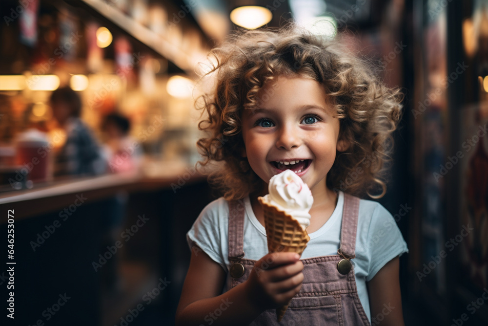 Cute little girl eating an ice cream in a waffle cone, happy kid holding an ice cream corn, happy smiling child eating ice cream on an outdoor background. AI Generated Cute little girl eating an ice cream in a waffle cone, happy kid holding an ice cream corn, happy smiling child eating ice cream on an outdoor background. AI Generated