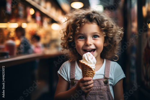 Cute little girl eating an ice cream in a waffle cone  happy kid holding an ice cream corn  happy smiling child eating ice cream on an outdoor background. AI Generated