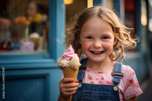 Cute little girl eating an ice cream in a waffle cone, happy kid holding an ice cream corn, happy smiling child eating ice cream on an outdoor background. AI Generated