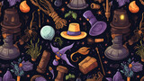 Vintage illustration of wizard items, candles, hats, wands, stars, and other items against a black background, pattern concept, magic concept