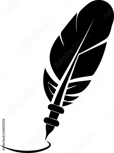 Monochrome vector artwork showcasing a writing pen with a bird feather