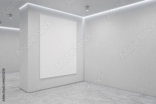 Modern light concrete gallery interior with blank white mock up poster on wall. Art and display concept. 3D Rendering.