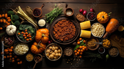 Flat lay view of Thanksgiving food - gravy, pumpkins, tomatoes, garlic, and spices on a rustic wooden table