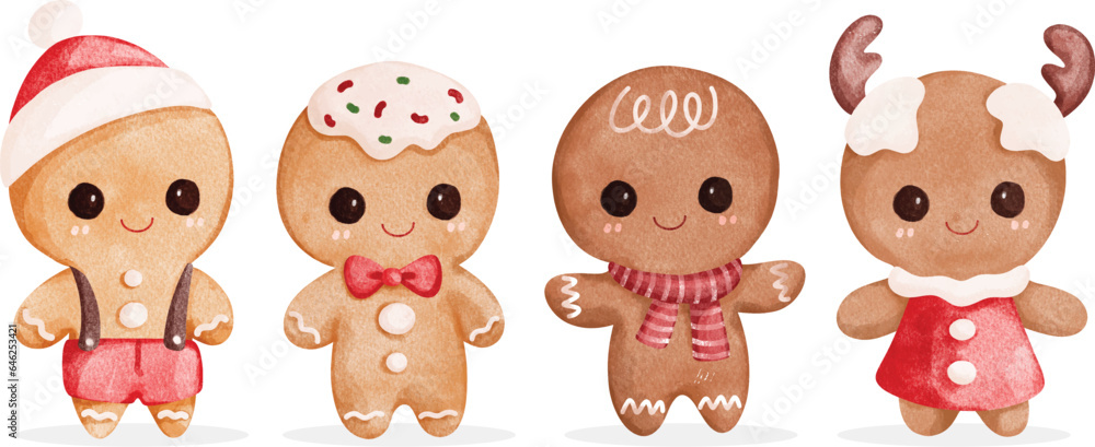 Obraz premium Watercolor Illustration set of cute Christmas gingerbread