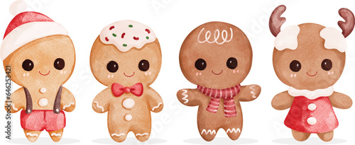 Watercolor Illustration set of cute Christmas gingerbread photo