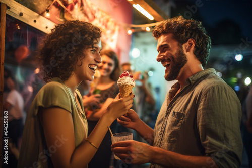 Happy modern couple holding an Ice cream cone on their hands, people with ice cream, Adorable couple having fun by eating ice cream with big laugh, young couple enjoying life, AI generated