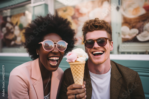 Happy modern couple holding an Ice cream cone on their hands, people with ice cream, Adorable couple having fun by eating ice cream with big laugh, young couple enjoying life, AI generated