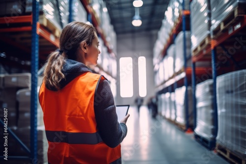 Young woman worker using digital tablet checking in warehouse. photo